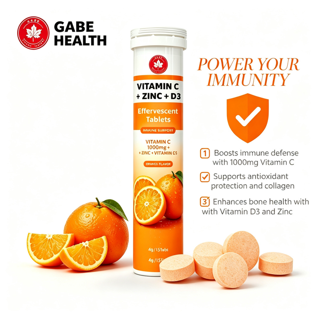 Vitamin C + Zinc + Vitamin D3 Effervescent Tablets – Orange Flavor | Immune & Antioxidant Support | OEM/ODM Private Label