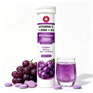 Vitamin C + Zinc + Vitamin D3 Effervescent Tablets – Grape Flavor | Immune & Antioxidant Support | OEM/ODM Private Label